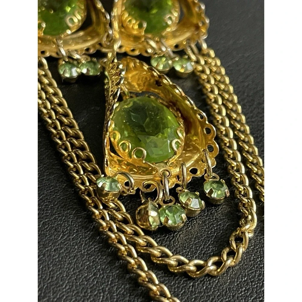 Vintage PARK LANE Necklace Rhinestone Green Gold Tone 22" Long Statement GLOW - Picture 6 of 16